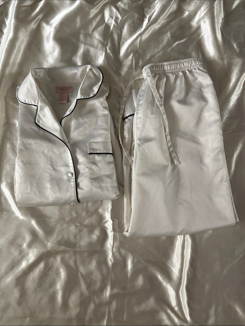 Cabernet by Sleep Sense Silky White Pajama Set with Black Piping